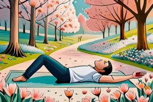 An illustration of a man in savasana in a park for yoga and recovery from substance abuse