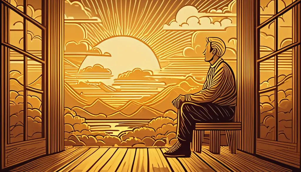 illustration of a man sitting on his porch watching the clouds at sunset find magic in th emunday