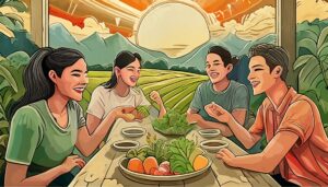 illustration of Friends eating at a table demonstrating healthy eating for mental health